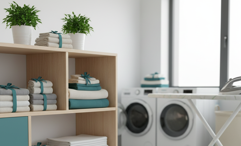Regal mit Handtüchern, Waschmaschinen im Hintergrund