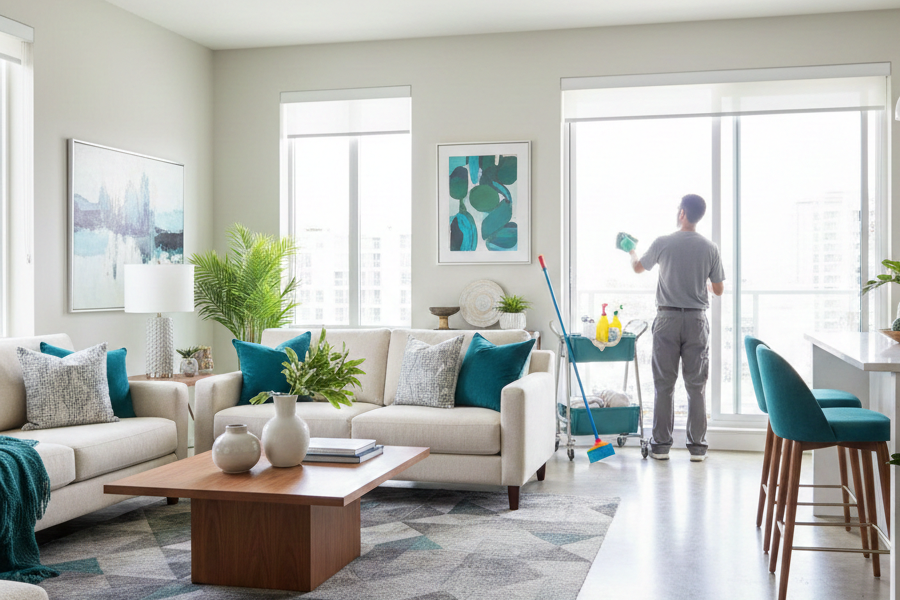 Mann reinigt eine aufgeräumte moderne Wohnung